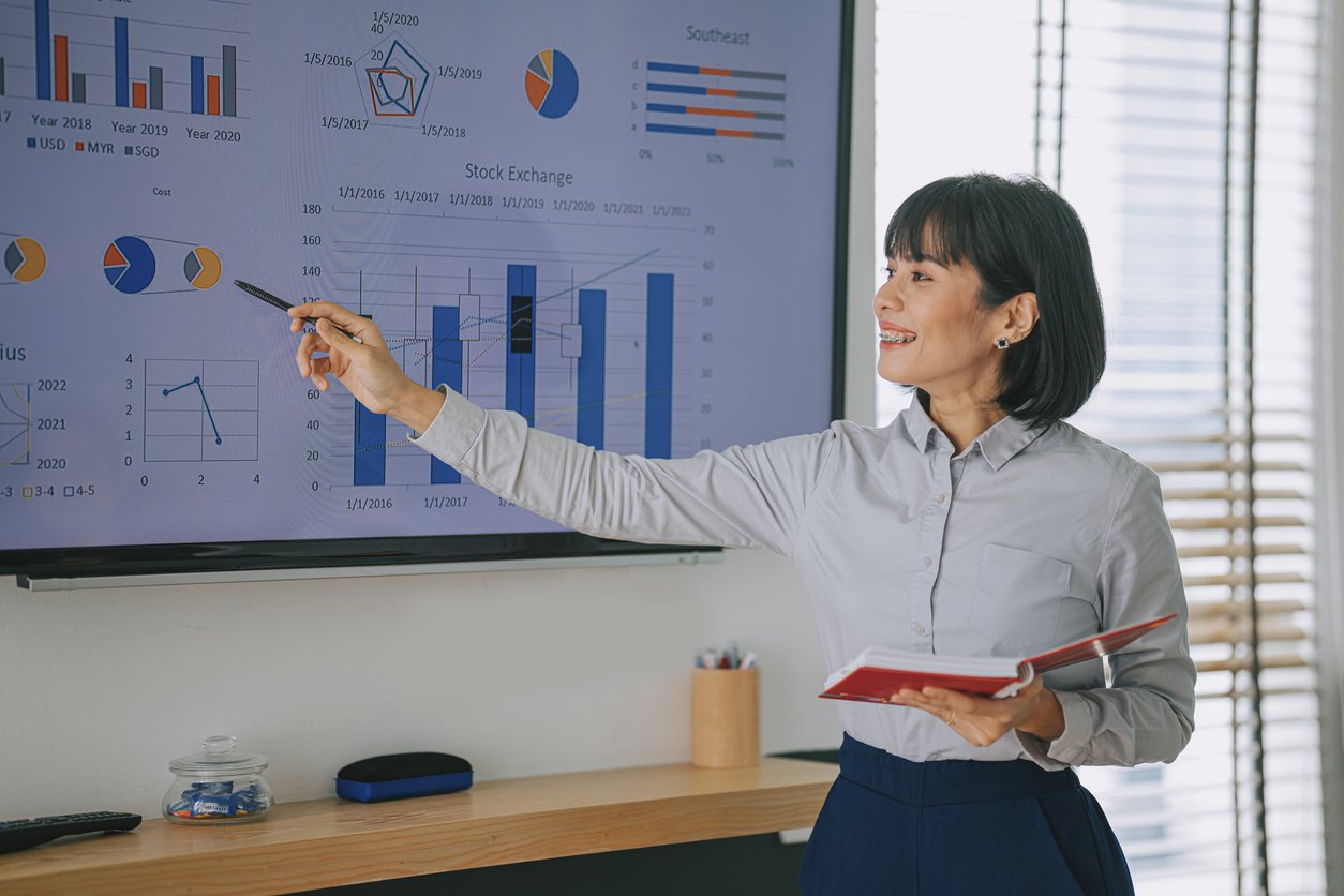 A businesswoman presenting to her colleague in a conference room with a television screen presentation.